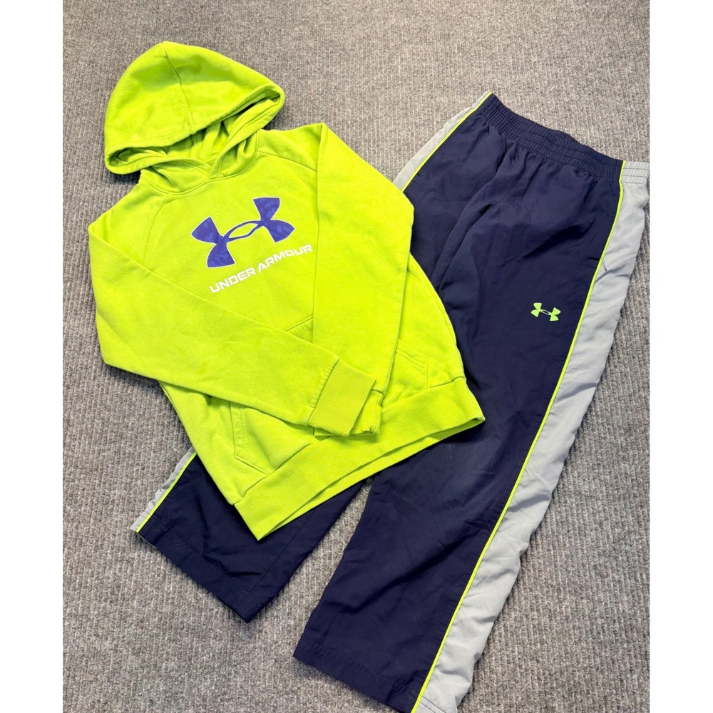 Under Armour Kids Lime Green Hoodie and Navy Blue Track Pants Set Size Medium